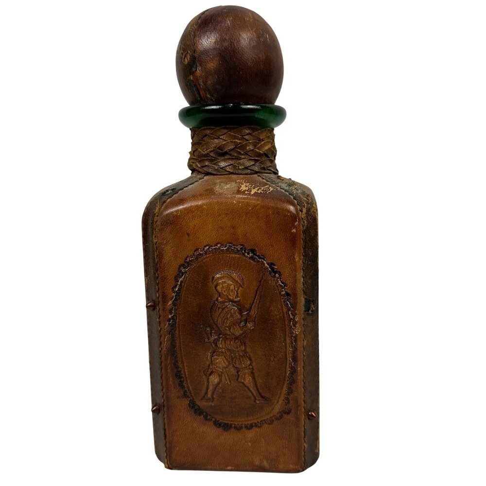 Vintage Leather Wrapped Decanter Wooden Stopper & Embossed Design A Menini Italy